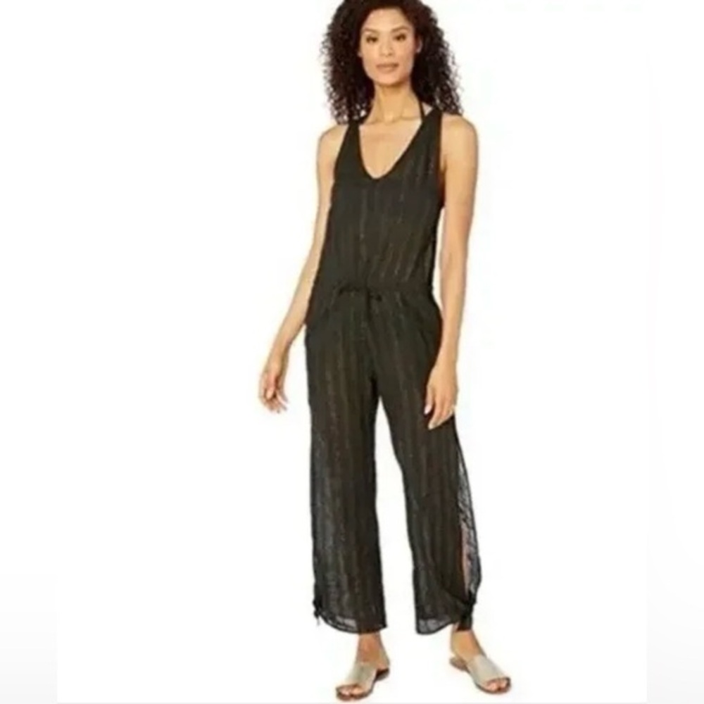 La Blanca Black Sheer Jumpsuit Cover Up Black with Gold Pin Stripe
